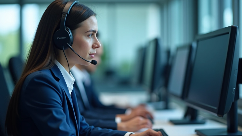 Bank customer service team at modern workstations with computers and headsets