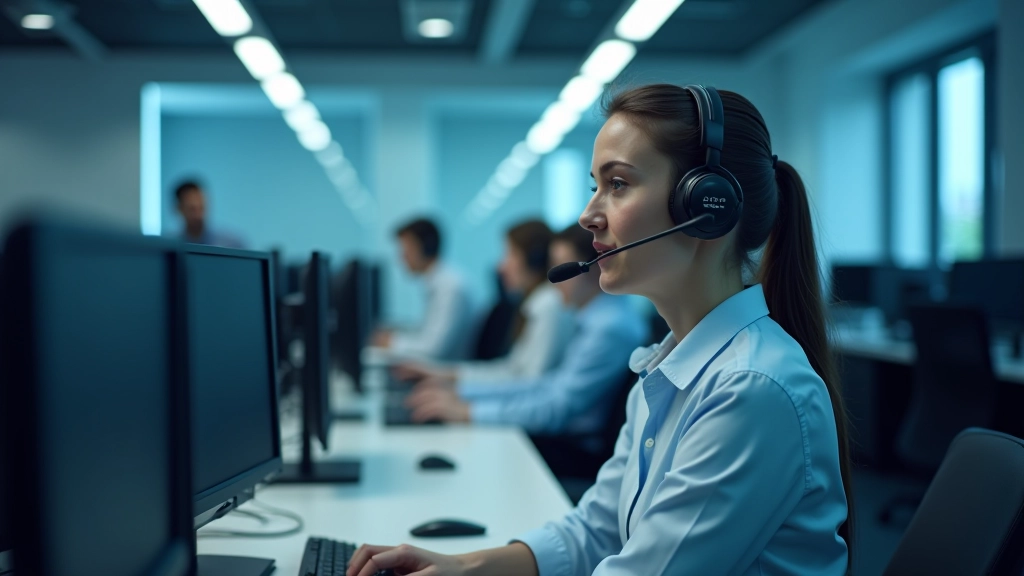 Busy bank call center with staff at workstations managing customer inquiries
