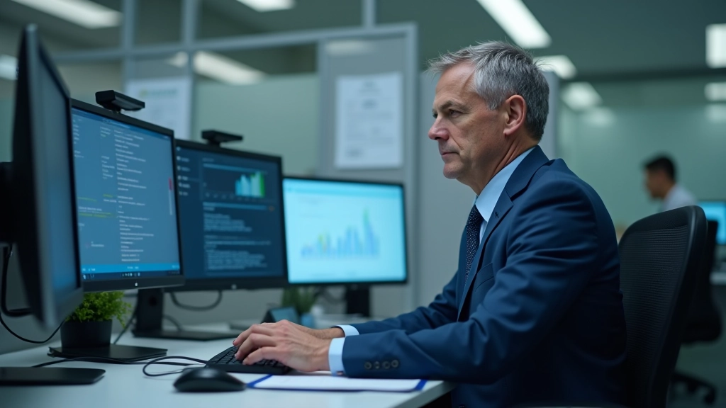 Compliance officer reviewing detailed audit logs and security reports on a computer screen in a secure office setting with multiple monitors displaying financial data