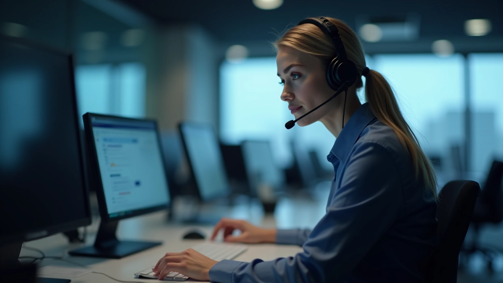 Customer service team members in call center environment working at desks