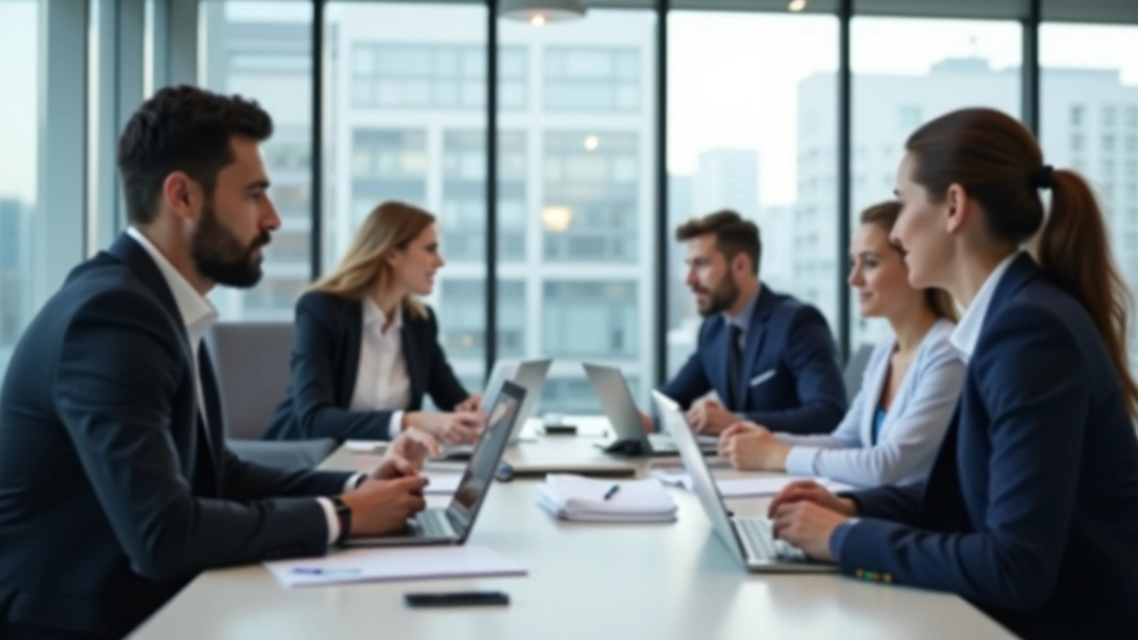 Team of diverse finance professionals collaborating in modern glass-walled office meeting room