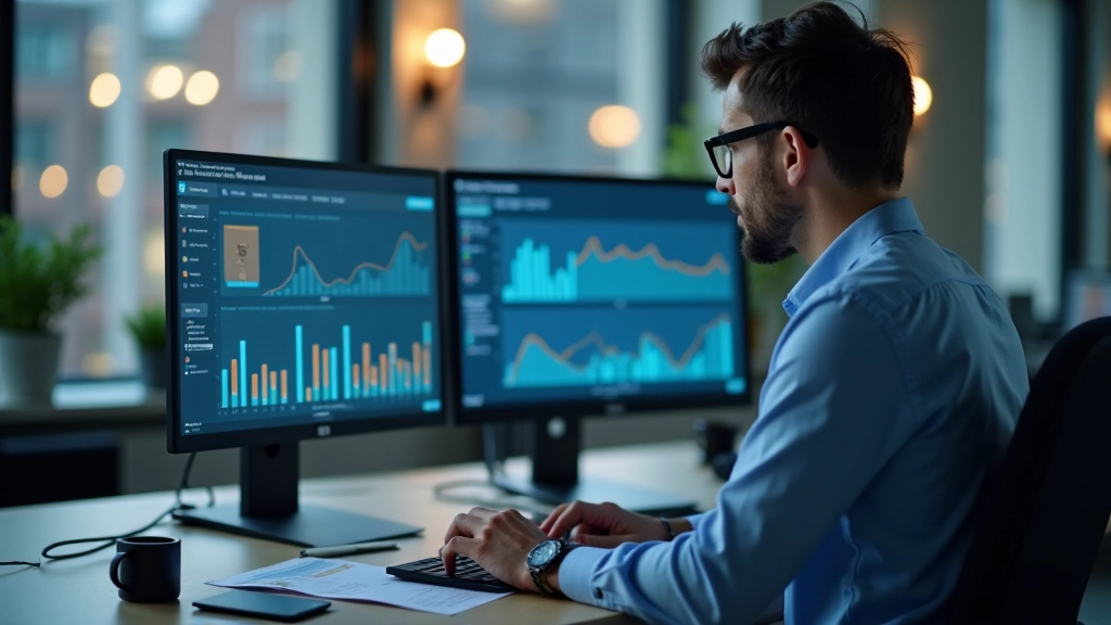 Finance professional reviewing chatbot analytics dashboard