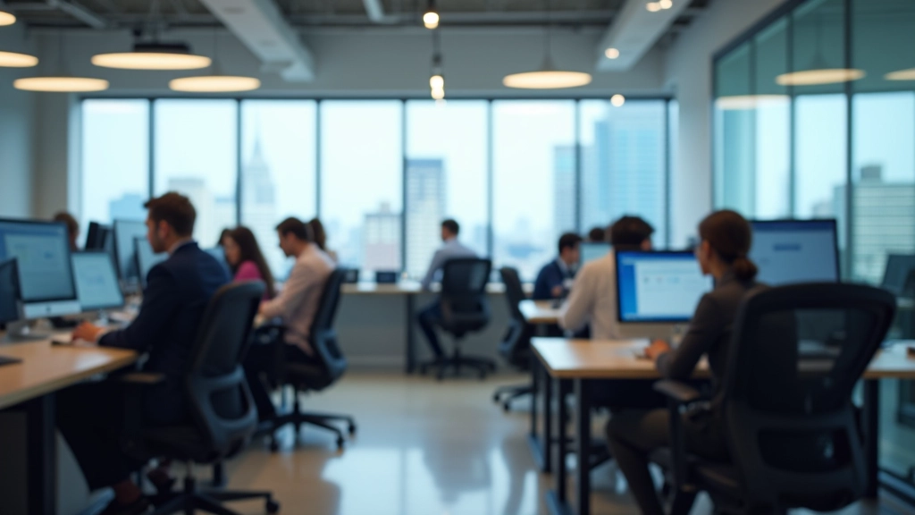 Modern Toronto office with finance professionals working at desks with multiple monitors and documentation