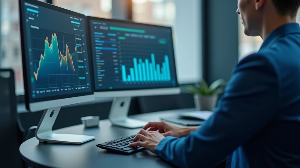 Hands typing on keyboard at desk with financial charts visible on second monitor