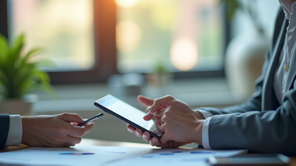 Person at desk reviewing transaction details on tablet with financial data visible